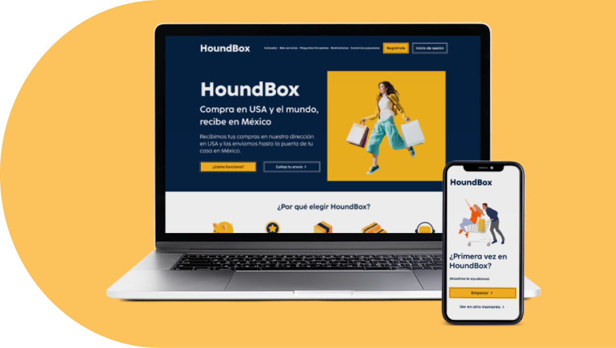 A laptop and cell phone showing the Houndbox website design