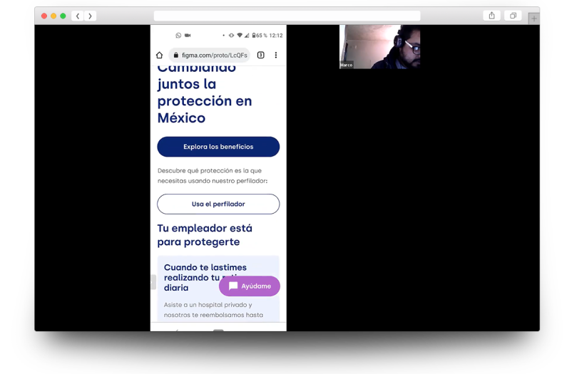 Captura de pantalla mostrando una sesión de prueba de usuario en remoto con el prototipo y los participantes