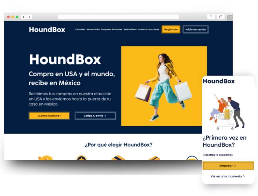 Captura de pantalla mostrando el diseño responsivo de la página web para Houndbox