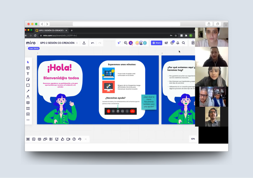 Captura de pantalla mostrando un taller de co-diseño en remoto con cuatro participantes